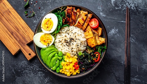 A vibrant and healthy poke bowl featuring rice, avocado, boiled eggs, chicken, corn, and greens, served with chopsticks on a dark background.