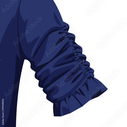 Illustration of a blue ruched sleeve detail isolated on a white background, showcasing intricate fabric folds and texture