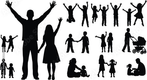 Silhouette set of happy families and children playing, jumping, and walking, featuring parents with strollers and kids for community concepts