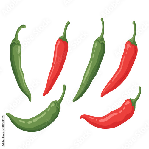 Set of fresh red and green chili peppers