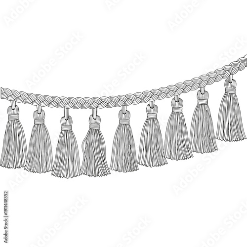Elegant tassel trim design isolated on white background with braided rope detail and symmetrical hanging tassels