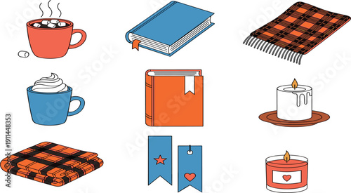 Cozy Winter Lifestyle Vector Illustration Set Featuring Hot Chocolate with Marshmallows, Warm Plaid Blankets, Reading Books, Scented Candles, and Decorative Bookmarks for Autumn Season