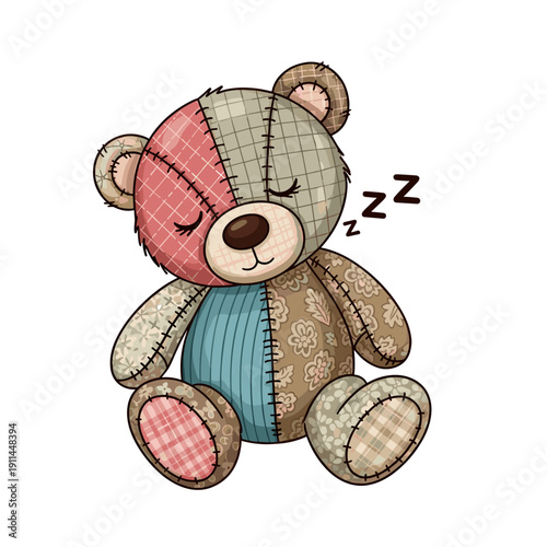 Sleepy teddy bear with patchwork design isolated on white background, illustrated with muted colors and zzz symbols denoting slumber