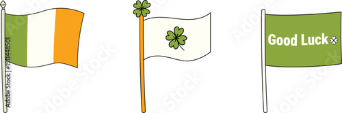 Set of St. Patrick’s Day flags including Irish tricolor, shamrock flag, and “Good Luck” banner