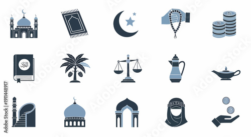 Vector illustration set of travel icons featuring landmarks, monuments, and a collection of church symbols for tourism design including a house, boat, and hotel silhouette