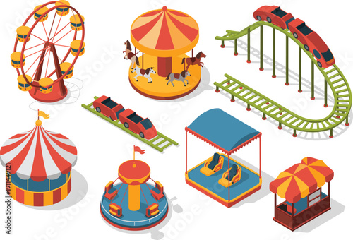 Collection of isometric 3D amusement park icons featuring a ferris wheel roller coaster carousel carnival tent swing ride and food stall on white background
