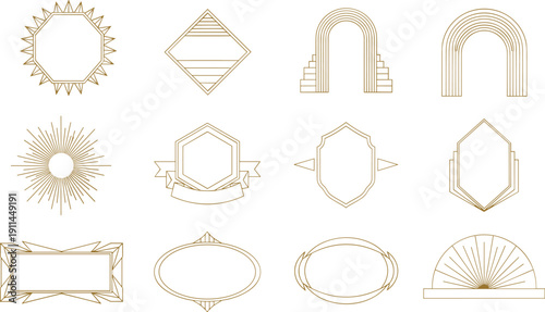 Collection of elegant gold thin line geometric frames and borders in Art Deco style featuring sunbursts arches shields and diamonds isolated on white background