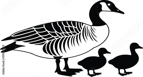Canada Goose Family Outline Icon Set – Adult and Goslings Walking