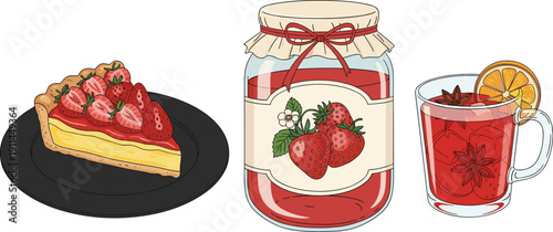 Homemade Strawberry Tart Slice Glass of Spiced Mulled Wine with Orange and Strawberry Jam Jar Vector Illustration for Winter Food and Bakery Branding Design