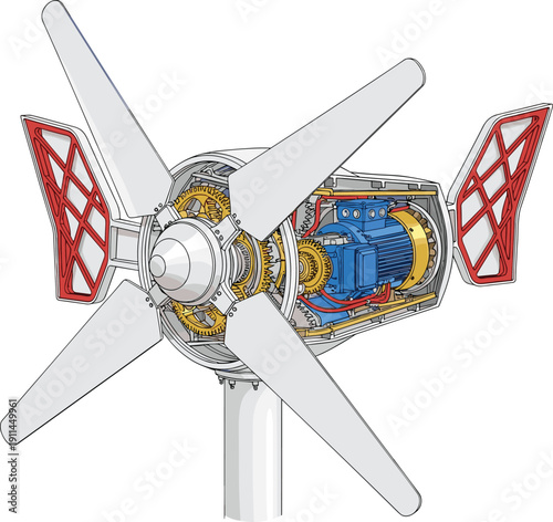 Detailed 3D vector illustration of wind turbine internal components showing motor gearbox blades and generator for renewable energy engineering and clean technology power generation