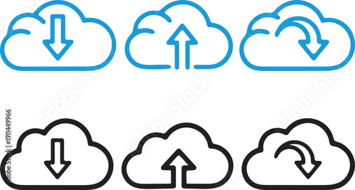 Cloud data transfer icons download upload and sync in two styles