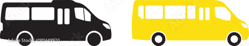 Black and yellow minibus shuttle bus icons vector illustration set