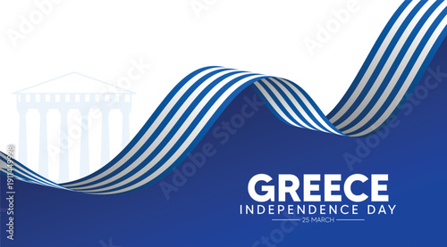 Greece Independence Day creative poster with flowing ribbon waves and classical heritage vector poster