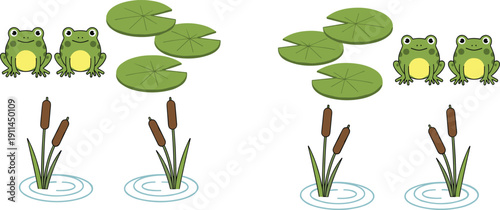 Cute Pond Life Vector Illustration Set Featuring Kawaii Green Frogs, Lily Pads, Bulrush Cattails, and Water Ripples for Children Education and Nature Themed Graphic Design