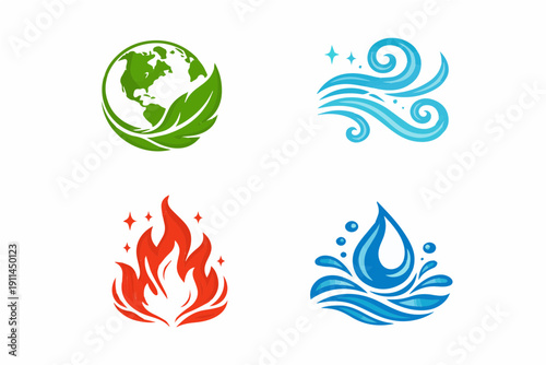 Set of four element icons showing earth globe wind swirl fire flame and water droplet symbols in vibrant colors isolated on white background for ecology weather energy and nature branding