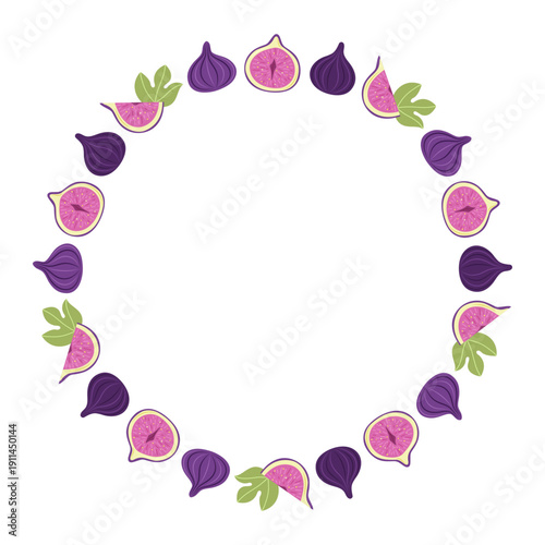 Round frame with fig. Empty space for text in center. Stylized whole fruit and slices. Simple flat vector illustration.