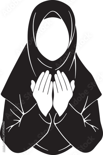 Muslim Woman Praying Silhouette with Hijab, Islamic Faith and Dua Concept