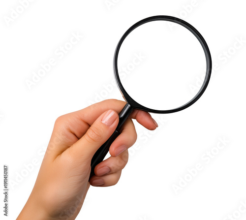 Hand holding magnifying glass with black frame, isolated on transparent background