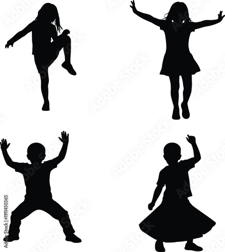Silhouettes of children dancing and playing with joyful movements