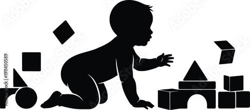 Silhouette of a baby playing with blocks on the floor indoors