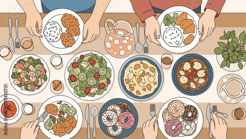 Top view of a group of people sharing a delicious and healthy variety of dishes including rice, salad, and chicken during a family dinner.