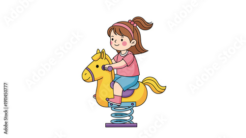 Happy young girl enjoying herself while riding a bright yellow spring horse toy at a playground during a pleasant and active day outdoors.