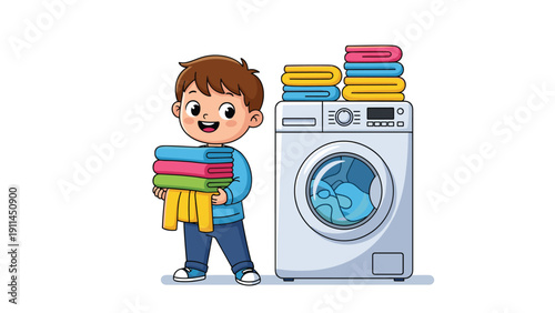 Young boy feeling proud while holding a stack of freshly washed colorful towels next to a modern front loading washing machine at home.