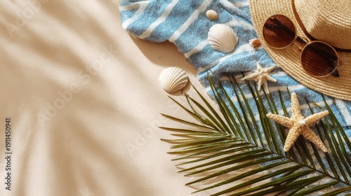 Flat Lay of Straw Hat and Sunglasses on Beach Towel with Shells