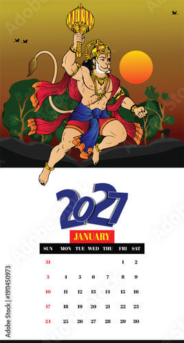 January 2027 Calendar with Lord Hanuman Hindu Religious Wall Calendar Design