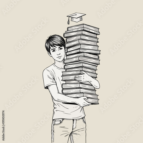 Young man carrying stack of books with graduation cap illustration  