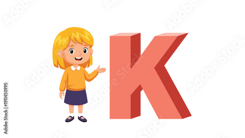 Smiling young girl with blonde hair pointing towards a large three dimensional red letter K to help children learn the alphabet easily.