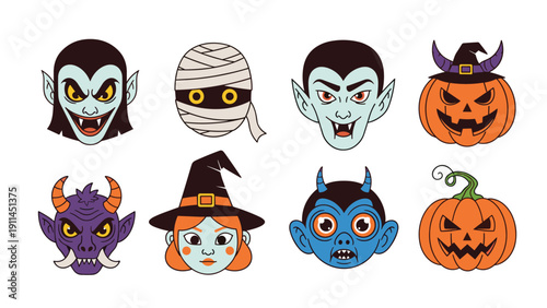 Collection of various fun and spooky Halloween character faces including a vampire, mummy, witch, and pumpkins in a colorful comic style.