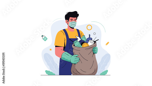 Environmentally conscious man wearing a face mask and gloves while carrying a large bag of recyclable waste like bottles and cans.