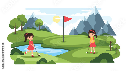 Two young girls enjoying a game of golf on a beautiful green course with a red flag and snow capped mountains in the scenic distance.