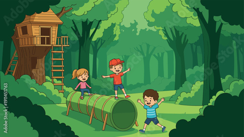 Group of three active children playing together on various equipment in a lush green forest with a wooden treehouse in the background.