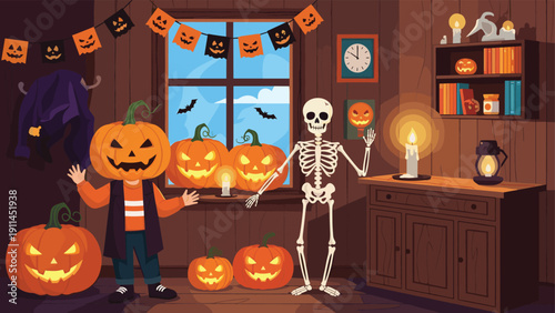 Spooky Halloween room decorated with many jack-o-lanterns, a skeleton, and a child wearing a large pumpkin mask.