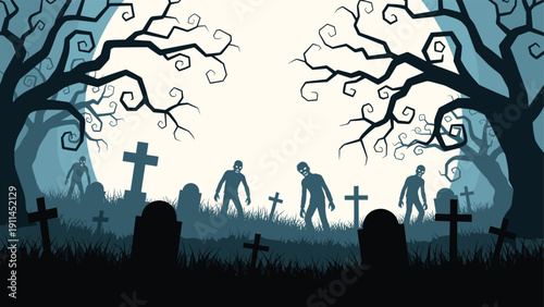 Eerie graveyard scene at night with silhouettes of zombies walking among tombstones under a large glowing full moon.