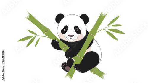 Adorable giant panda bear climbing up a green bamboo stalk against a white background with a friendly smile.