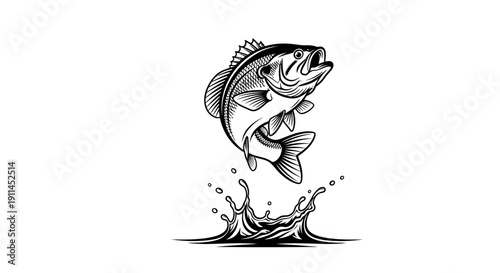 Leaping bass fish with water splash, vintage style illustration for fishing sport or seafood design.