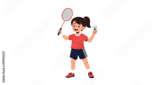 Young girl in a red shirt and black shorts playing badminton with a wooden racket and a white shuttlecock in hand.