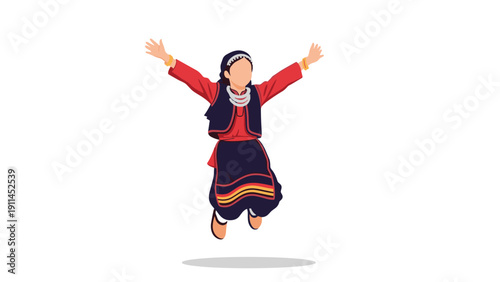 Girl wearing traditional red and black folk costume jumping high with her arms raised against a white background.
