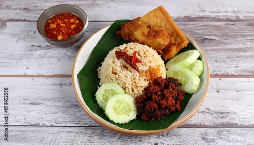 A delicious plate of Malaysian or Indonesian-style rice dish with fried chicken, cucumber slices, and sambal, served on a banana leaf with a side of chili sauce on a wooden table.