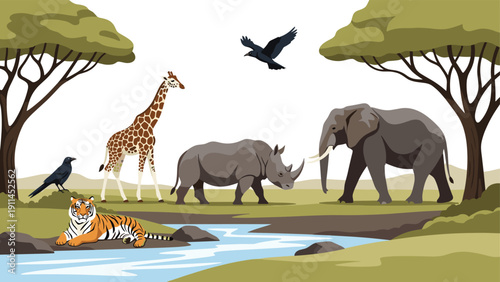 Diverse group of safari animals including a tiger, giraffe, rhino, elephant, and birds gathered near a river.