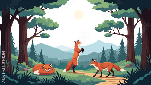 Three red foxes in a peaceful mountain forest glade with tall pine trees and soft sunlight shining through the misty morning air outdoors.