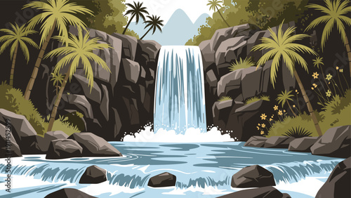 Beautiful tropical waterfall cascading into a clear blue pool surrounded by rocky cliffs and lush green palm trees in a dense forest.