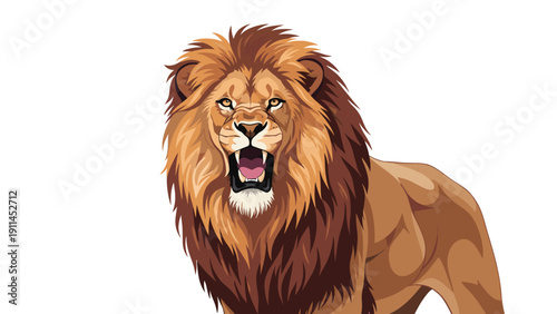 Powerful adult male lion roaring with its mouth wide open against a solid white background in a detailed artistic illustration of a predator.