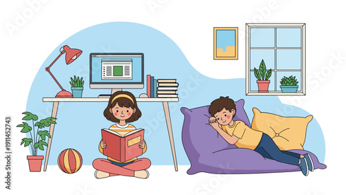 Young girl sitting on the floor reading a book while a boy relaxes on a large purple beanbag in a bright and cozy bedroom with a desk area.