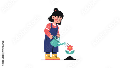 Young girl in overalls and yellow boots carefully watering a single red flower in a garden against a clean white background for kids story.