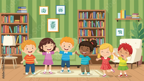 Group of diverse happy children playing and dancing together in a cozy living room with bookshelves, a sofa, and green striped wallpaper art.