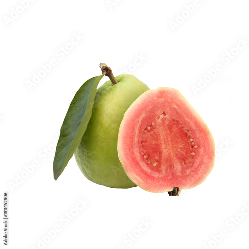 Fresh guava fruit with pink flesh and green skin isolated on white background	